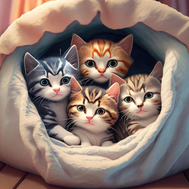 A group of adorable kittens cuddled up together