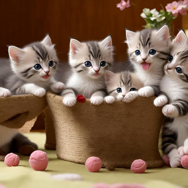 A group of adorable kittens playing with nice background