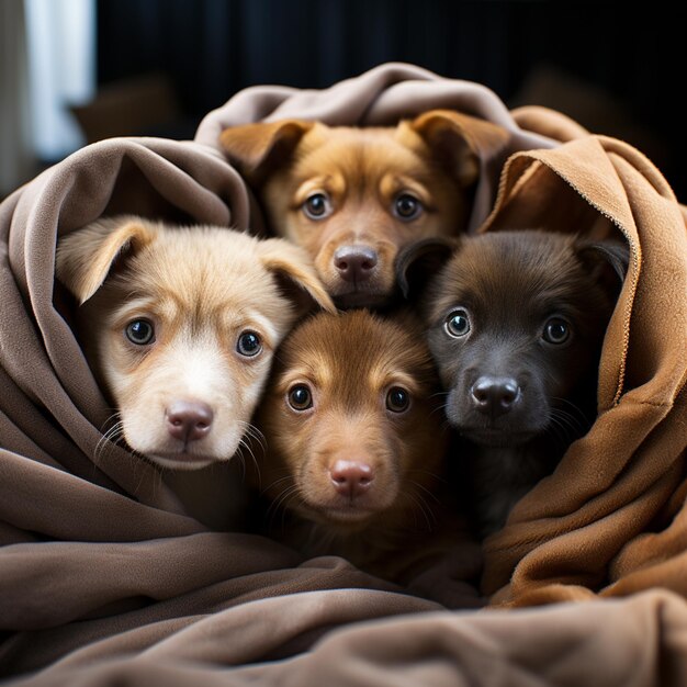 A group of adorable puppies snuggled under a cozy blanket