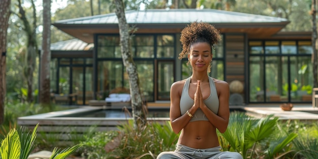 Group of adults attending a yoga class outside in park with natural background