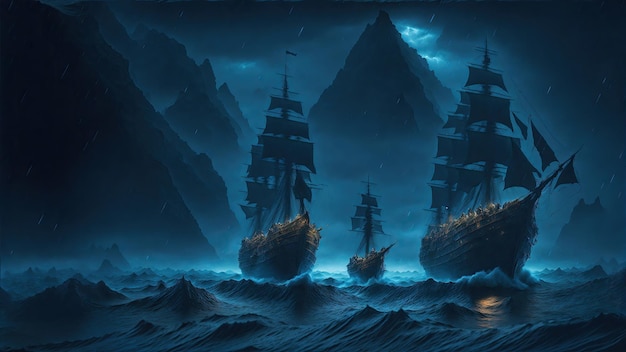 A group of adventurers sails towards a distant island their ship cutting through waves of a sea