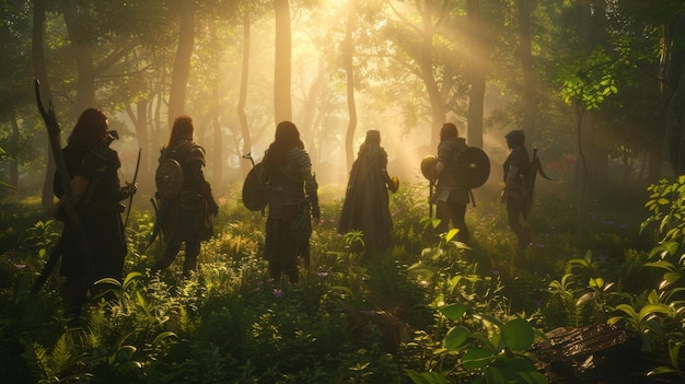 A group of adventurers stand in the center of the fairytale glade their backs facing the camera as