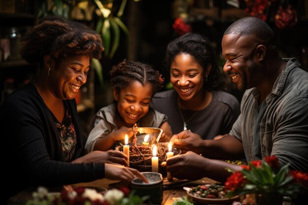 アフリカ系アメリカ人のグループが休日を祝うために家族で食事に集まっています 画像は放射線を放っています