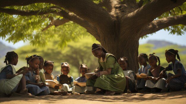 A group of African children are in school An openair lesson near a tree