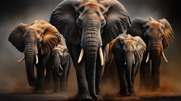 A group of African elephants on a dark background