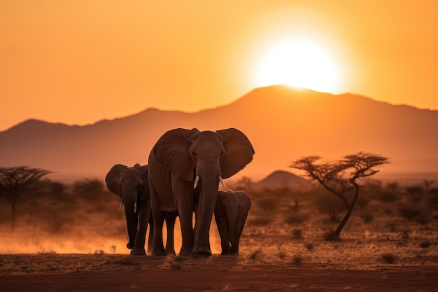 夕暮れの平原にあるアフリカゾウの群れ