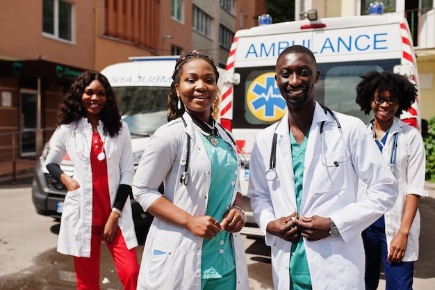 Group of african paramedic ambulance emergency crew doctors