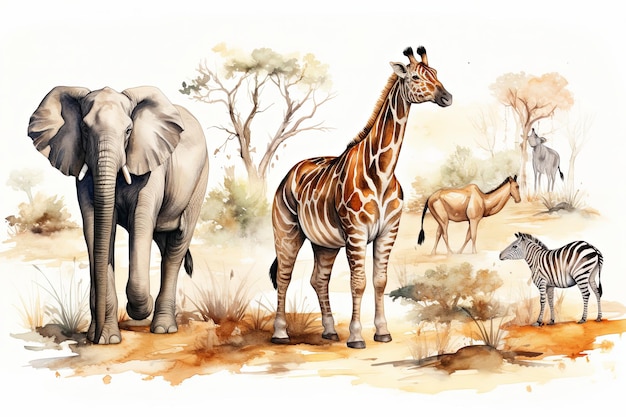 Group of African safari animals together and Cute safari wildlife animal with giraffe lion elephant lion zebra tiger