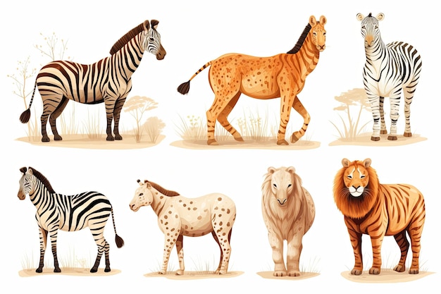 アフリカのサファリ動物のグループとジラフとライオンとゾウとライオン ゼブラとトラの可愛いサファリ野生動物