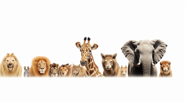 Group of African safari animals together on white header with room for text on both sides