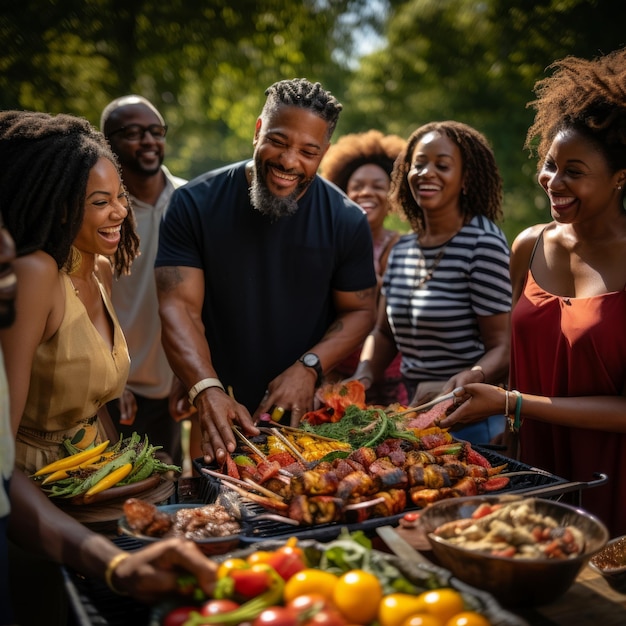 A group of AfricanAmerican friends having a cookout in a park