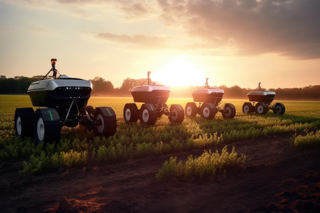 Group of agricultural robots working in a sundrenched field Generative AI