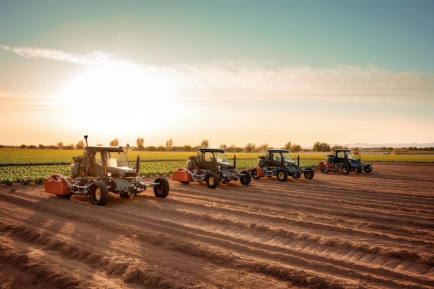 Group of agricultural robots working in a sundrenched field Generative AI