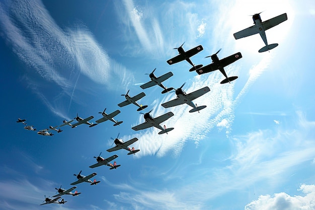 Photo a group of airplanes flying in a blue sky with the words airplanes flying in the sky