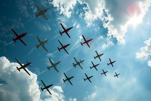 Photo a group of airplanes flying in a cloudy sky with the sun behind them