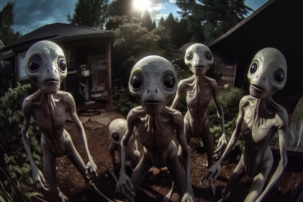 A group of alien creatures in front of a house