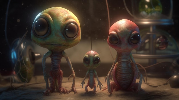 Photo a group of alien creatures with big eyes and a black eyegenerative ai