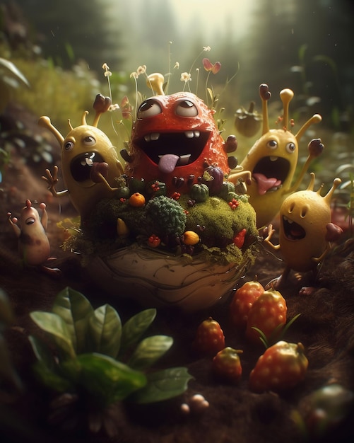 A group of alien creatures with a bunch of fruits and vegetables.