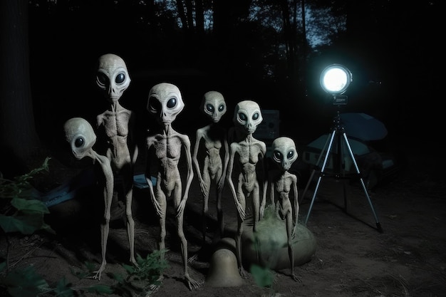 A group of alien statues stand in a dark forest.