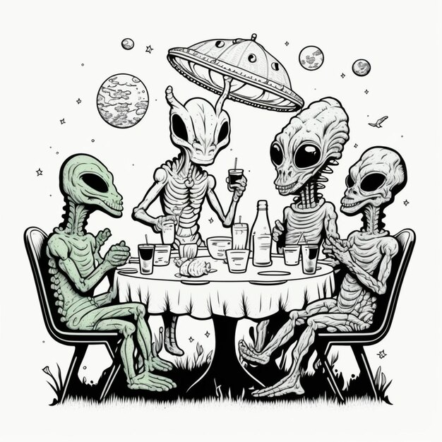 Photo a group of aliens sitting around a table with drinks and food generative ai