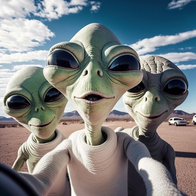 Foto gruppo di alieni con occhi scuri che si fanno un selfie in piedi in una terra deserta sabbiosa aperta con colline