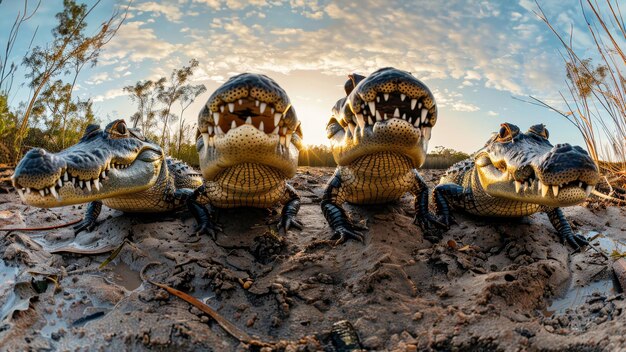 Group of alligators sitting on sandy beach