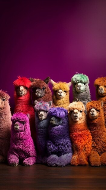 Foto un gruppo di alpaca con uno di loro indossa uno sfondo viola.