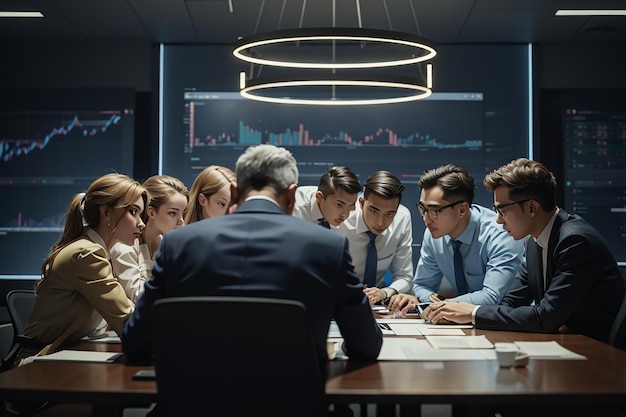 A group of analysts huddled around a conference table