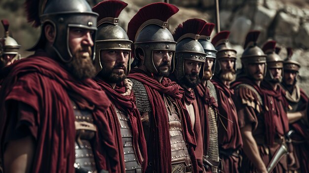 Photo a group of ancient roman soldiers standing in formation wearing red capes and metal helmets they are ready for battle