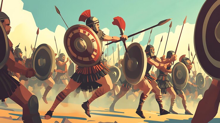 A group of ancient warriors marching into battle with shields and spears