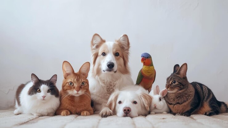 Photo 개, 고양이, 토끼, 무새 를 포함 한 동물 들 의 집단