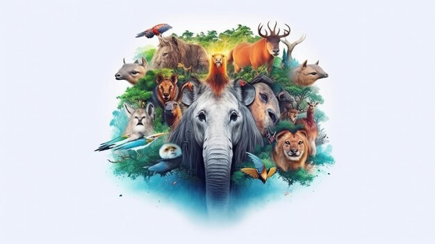 Photo group of animals isolated background animal conservation concept