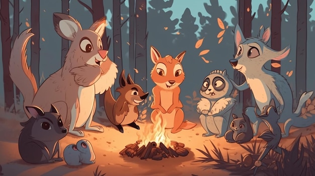 A group of animals sitting around a campfire