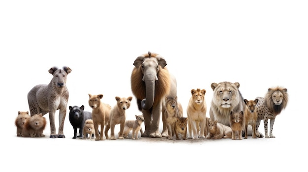 A group of animals with a big elephant and a lioness standing in front of them.