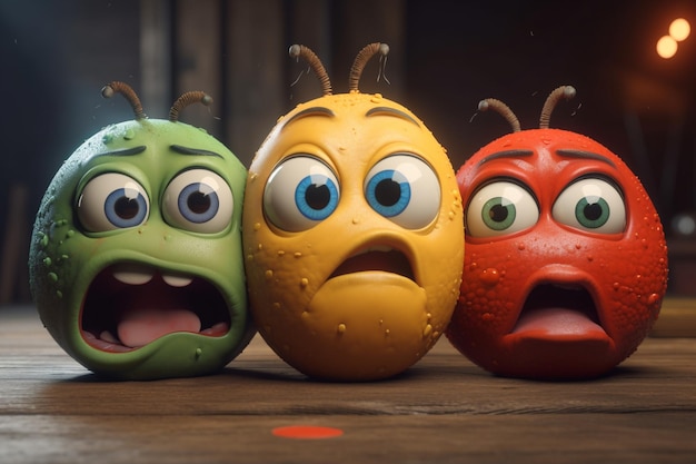 A group of animated monsters with faces and one saying'pixar '