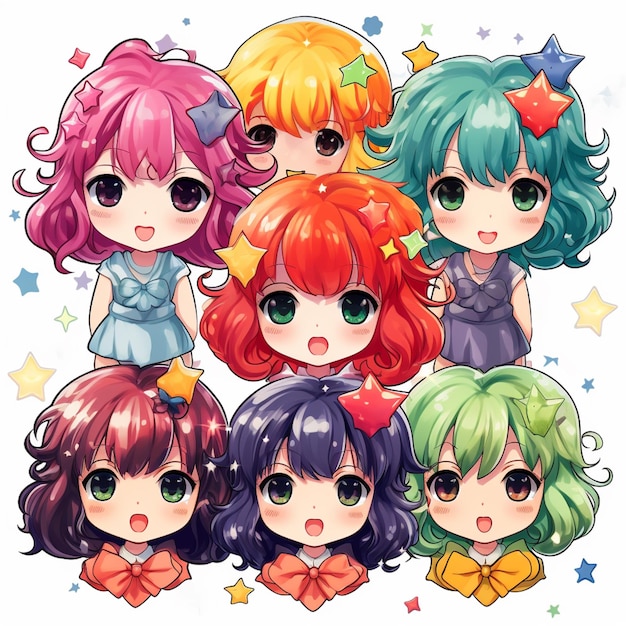 A group of anime girls with different colored hair and bows generative ai