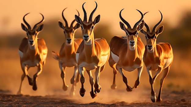 A group of antelope running in the desert