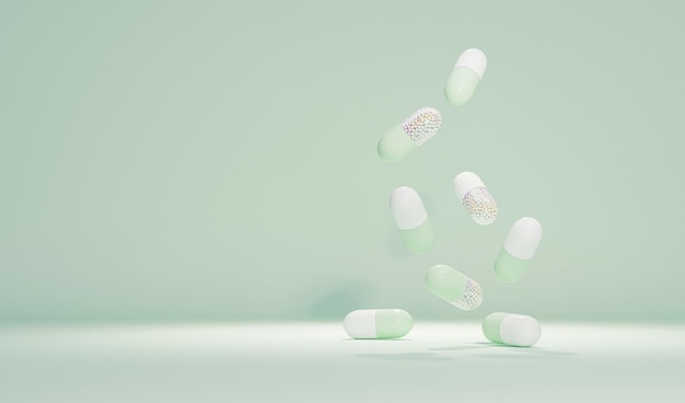 A group of antibiotic pill capsules falling on pastel pink background with copy space 3d render