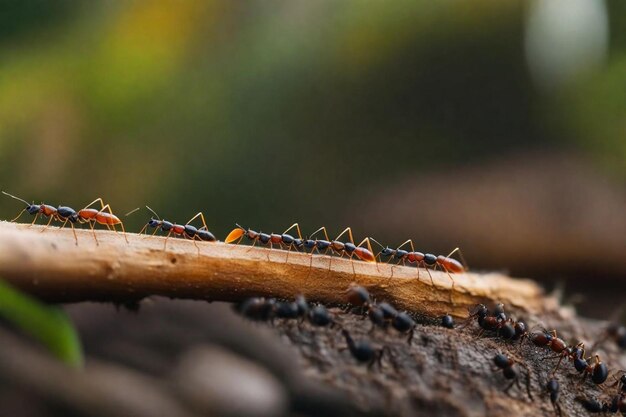 a group of ants are on a branch and a log with one being held up by a branch