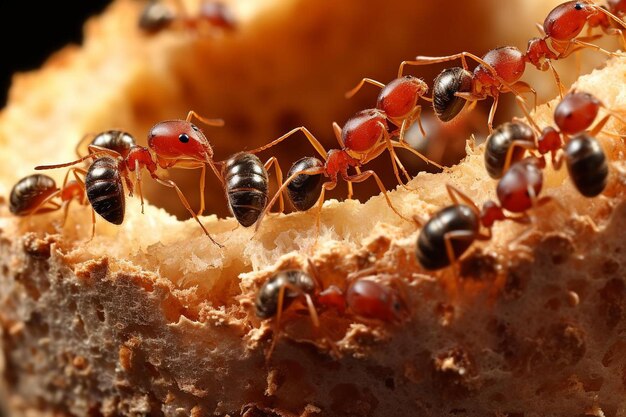 Группа муравьев собралась вокруг кусочка хлеба.