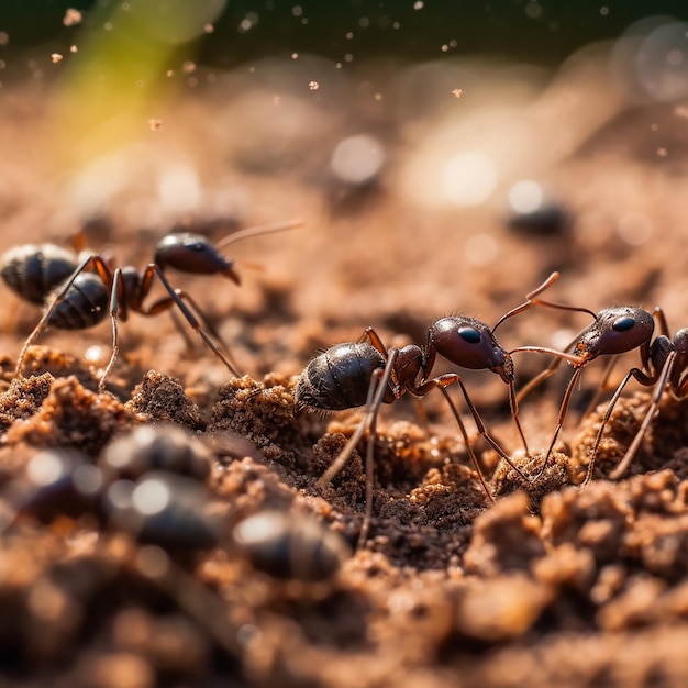 A group of ants are gathered together on a mound of dirt.