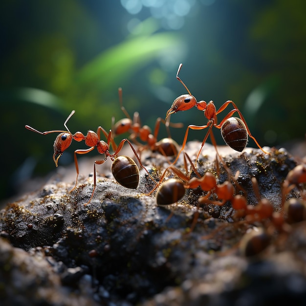 개미 한 무리가 땅 위에 있습니다.
