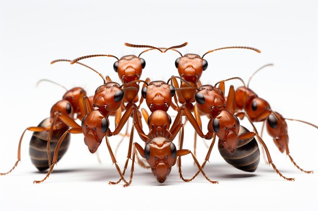 A group of ants are grouped together on a white background