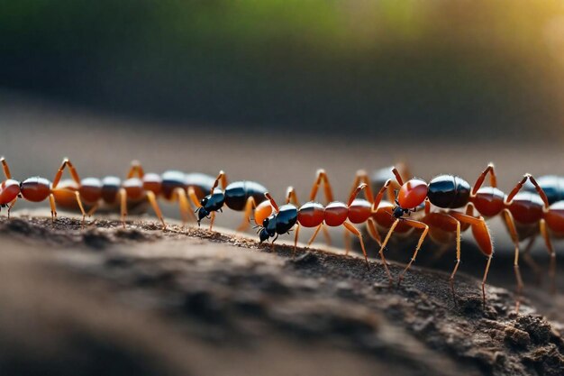 Foto un gruppo di formiche sono allineate su un ramo