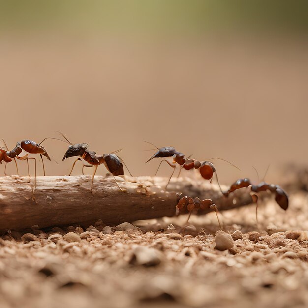 a group of ants are on a log and one has a small ant on its back