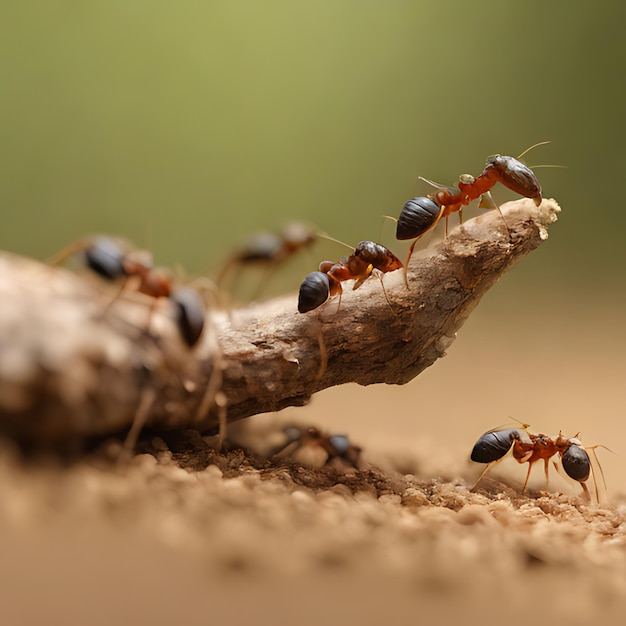 a group of ants are on a log one is about to fly