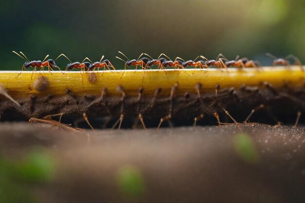 한 무리의 개미들이 나무 한 조각에 있습니다.