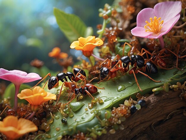 一群のアリが花をかせている植物の上にいます