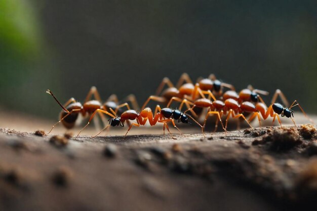 a group of ants are on a tree branch and one has a red ant on its back