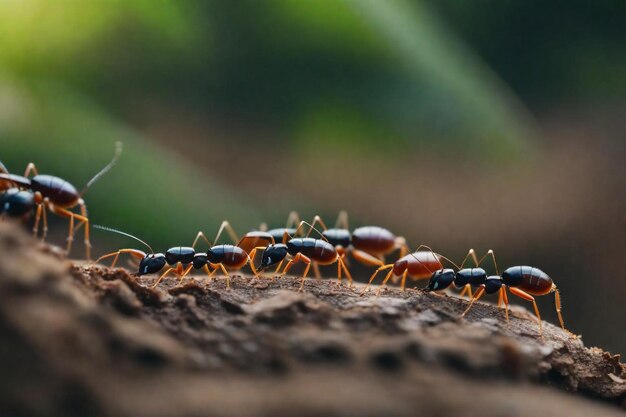 a group of ants are walking on a log